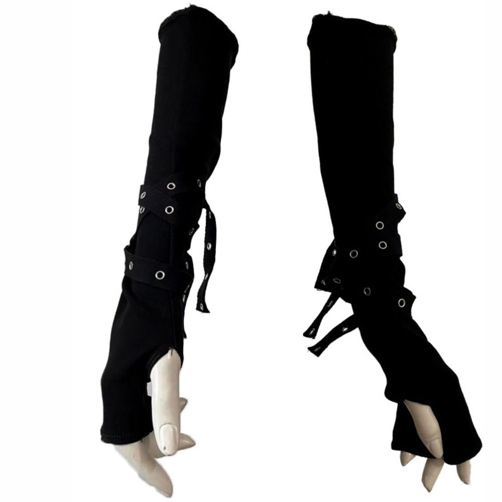 Cycling Gloves - ปลอกแขนกันแดดสไตล์โกธิคแบบครึ่งนิ้ว สำหรับทุกเพศ ดีไซน์เท่ห์ สีดำ พร้อมหัวเข็มขัด ถุงมือพังก์