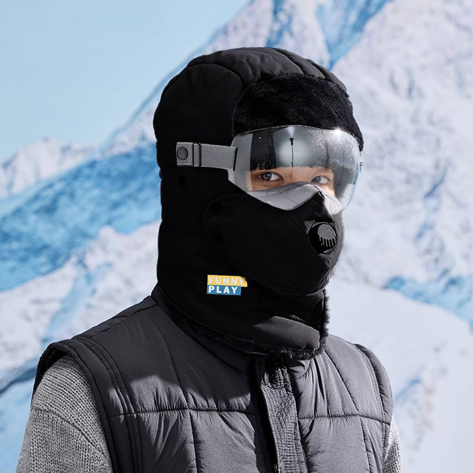 Cycling Gear Weather - หมวกกันหนาวแบบหนาบุขนแกะสำหรับสภาพอากาศหนาวเย็น ขี่จักรยาน เล่นสกี หน้ากากกันลมพร้อมแว่นตา อุปกรณ์ทนทาน