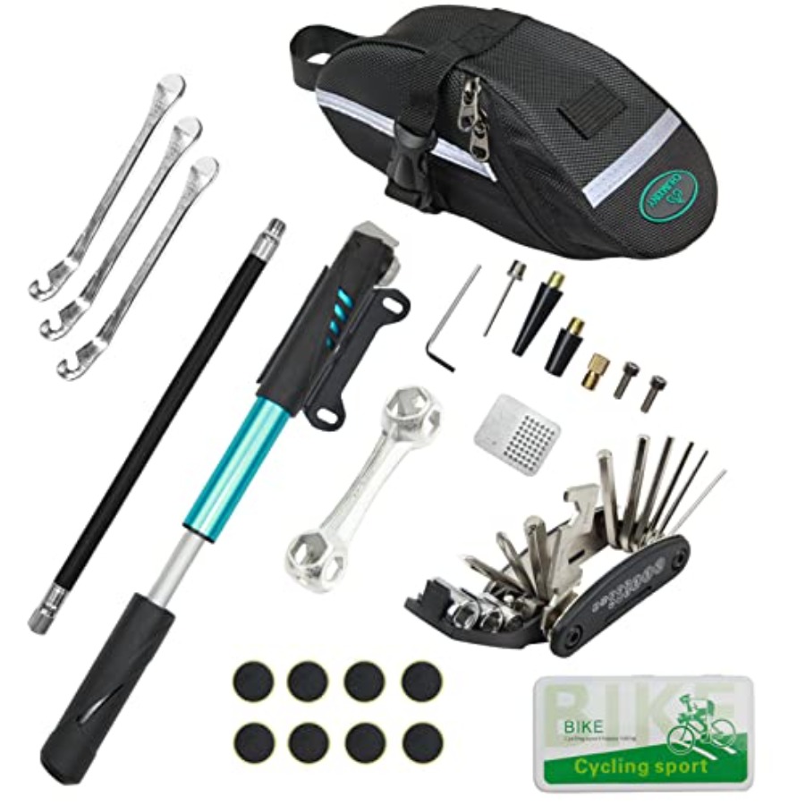 Bicycle Repair Kit - ชุดซ่อมจักรยานประกอบด้วยเครื่องมือ 16-in-1, ปั๊มลมจักรยานขนาดเล็ก 120Psi, แผ่นปะยาง, ใช้สำหรับจักรยานเสือภูเขา/จักรยานถนน