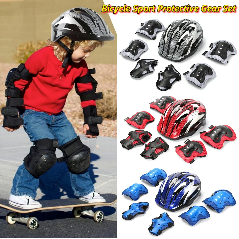 Cycling Protective Gear - ชุดอุปกรณ์ป้องกันสำหรับกีฬาจักรยาน 7 ชิ้น ชุดหมวกนิรภัยสำหรับเด็กแบบปรับได้ ขนาด 48-55